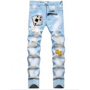 Men’s Distressed Light Blue Slim Straight Jeans, Poker Embroidery, Euro Style,28